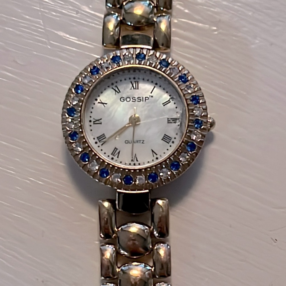Gossip bejeweled, quartz watch, gold toned with blue and clear rhineston…